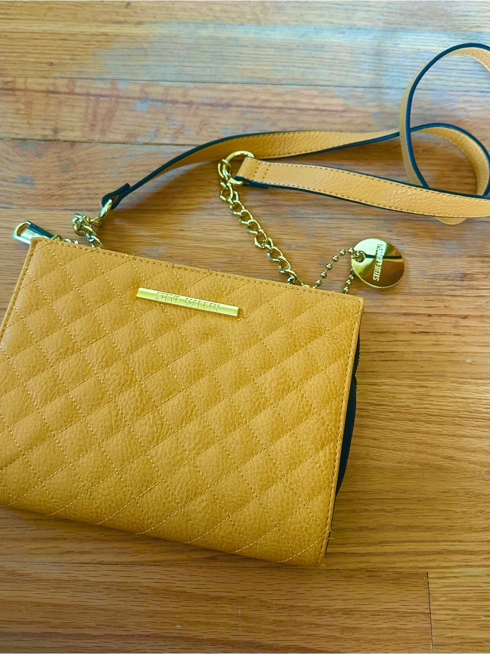 Steve Madden Quilted Mustard Yellow Crossbody with Gold Hardware